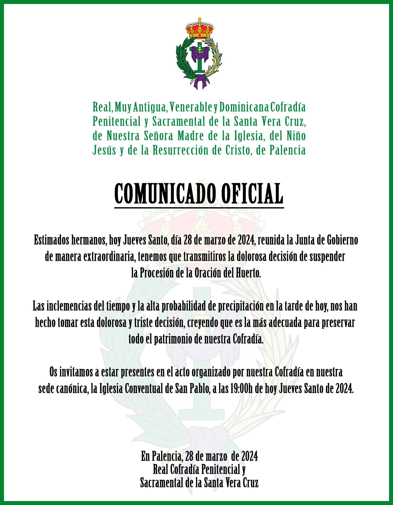 Suspensión Procesión de la Oración del Huerto